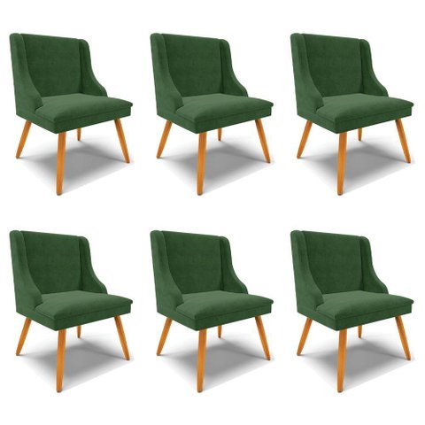 Kit 6 Cadeiras Decorativas Sala de Jantar Pés Palito de Madeira Firenze Suede Verde Esmeralda/