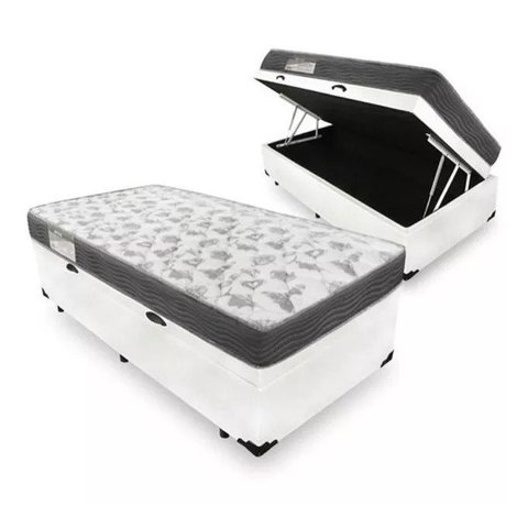 Cama Box Baú Solteiro Conforto Sintético Branco + Colchão Solteiro Conforto Espuma D33 30x88x188