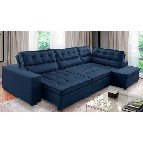 Sofá de Canto Retrátil e Reclinável com Molas 3,40x2,00 Virginia Suede Azul Adonai Estofados