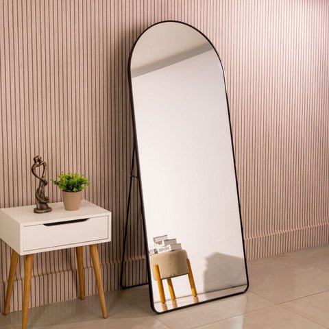 Espelho Oval de Base Reta Corpo Inteiro Moldura Alumínio Preto Luxo 150x60 Cm C/suporte de Chão