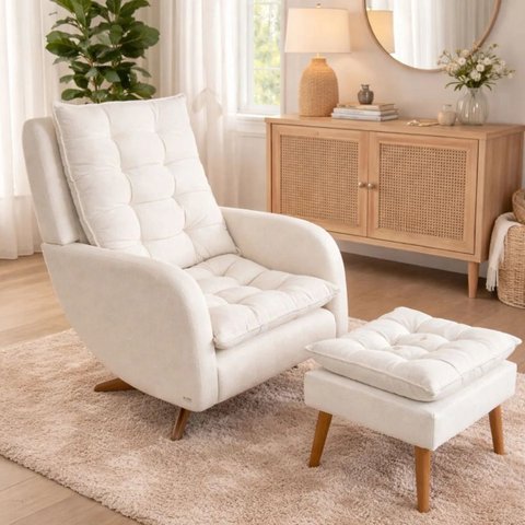Poltrona Belle Bouclé Premium com Puff Amamentação e Balanço Bege Liso