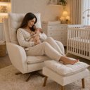 Ver imagem 3 de Poltrona Belle Bouclé Premium com Puff Amamentação e Balanço Bege Liso