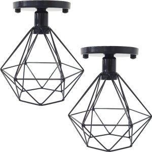 2 Lustres Teto Plafon Industrial Aramado Diamante Retrô Luminária Sobrepor Vintage Preto