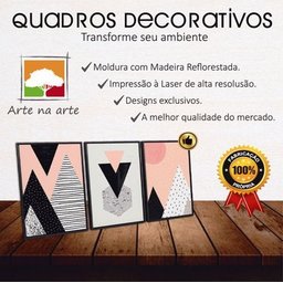 Conjunto Quadros Decorativos 3 peças 40x40 Amor Saúde Paz - Moldura Branca - 6