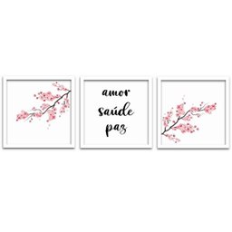 Conjunto Quadros Decorativos 3 peças 40x40 Amor Saúde Paz - Moldura Branca - 1