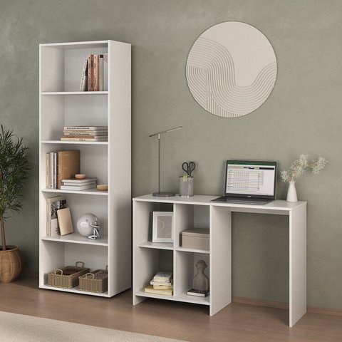 Conjunto de Escritório 2 Peças 1 Escrivaninha e 1 Estante com 5 Prateleiras Multy Branco