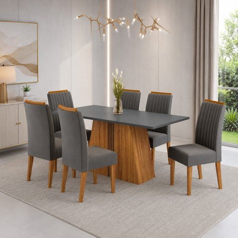Conjunto Sala de Jantar 6 Lugares Retangular Tampo de MDP Metropoles