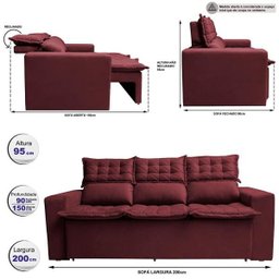 Sofá 3 Lugares Retrátil e Reclinável Cama Inbox Slim 2,00M Velusoft Vinho - 2