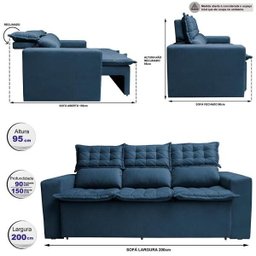 Sofá 3 Lugares Retrátil e Reclinável Cama Inbox Slim 2,00M Velusoft Azul - 2