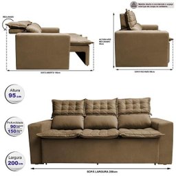 Sofá 3 Lugares Retrátil e Reclinável Cama Inbox Slim 2,00M Velusoft Castor - 2