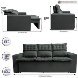 Sofá 3 Lugares Retrátil e Reclinável Cama Inbox Slim 2,00M Velusoft Cinza - 2