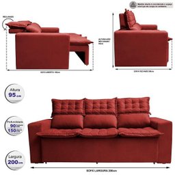 Sofá 3 Lugares Retrátil e Reclinável Cama Inbox Slim 2,00M Velusoft Vermelho - 2