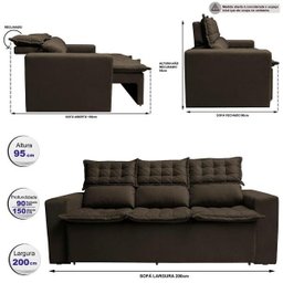Sofá 3 Lugares Retrátil e Reclinável Cama Inbox Slim 2,00M Velusoft Café - 2