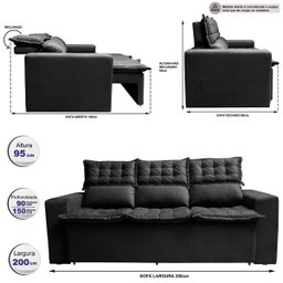 Sofá 3 Lugares Retrátil e Reclinável Cama Inbox Slim 2,00M Velusoft Preto - 2