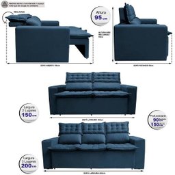 Conjunto de Sofá 3 e 2 Lugares Retrátil e Reclinável Cama Inbox Slim 2,00x1,50M Velusoft Azul - 3