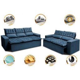Conjunto de Sofá 3 e 2 Lugares Retrátil e Reclinável Cama Inbox Slim 2,00x1,50M Velusoft Azul - 4