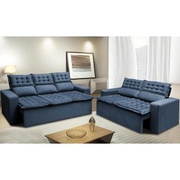 Conjunto de Sofá 3 e 2 Lugares Retrátil e Reclinável Cama Inbox Slim 2,00x1,50M Velusoft Azul - 1