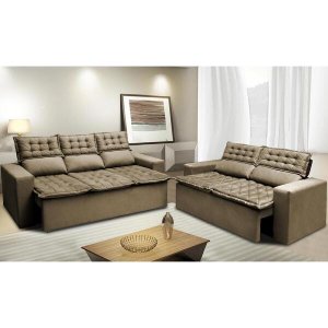 Conjunto de Sofá 3 e 2 Lugares Retrátil e Reclinável Cama Inbox Slim 2,00x1,50M Velusoft Castor