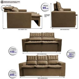 Conjunto de Sofá 3 e 2 Lugares Retrátil e Reclinável Cama Inbox Slim 2,00x1,50M Velusoft Castor - 3