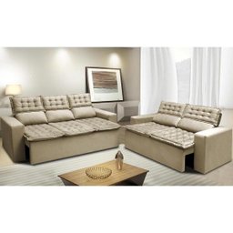 Conjunto de Sofá 3 e 2 Lugares Retrátil e Reclinável Cama Inbox Slim 2,00x1,50M Velusoft Bege - 1