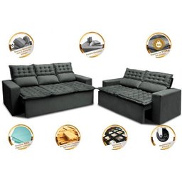 Conjunto de Sofá 3 e 2 Lugares Retrátil e Reclinável Cama Inbox Slim 2,00x1,50M Velusoft Cinza - 4