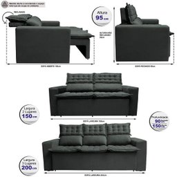 Conjunto de Sofá 3 e 2 Lugares Retrátil e Reclinável Cama Inbox Slim 2,00x1,50M Velusoft Cinza - 3