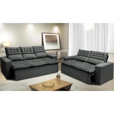 Conjunto de Sofá 3 e 2 Lugares Retrátil e Reclinável Cama Inbox Slim 2,00x1,50M Velusoft Cinza