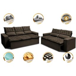 Conjunto de Sofá 3 e 2 Lugares Retrátil e Reclinável Cama Inbox Slim 2,00x1,50M Velusoft Café - 4