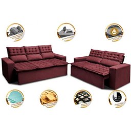 Conjunto de Sofá 3 e 2 Lugares Retrátil e Reclinável Cama Inbox Slim 2,00x1,50M Velusoft Vinho - 4