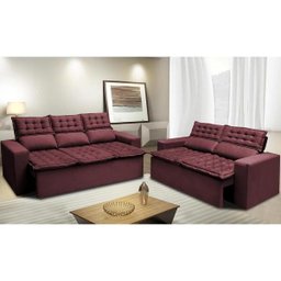 Conjunto de Sofá 3 e 2 Lugares Retrátil e Reclinável Cama Inbox Slim 2,00x1,50M Velusoft Vinho - 1