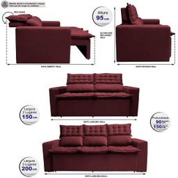 Conjunto de Sofá 3 e 2 Lugares Retrátil e Reclinável Cama Inbox Slim 2,00x1,50M Velusoft Vinho - 3