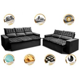 Conjunto de Sofá 3 e 2 Lugares Retrátil e Reclinável Cama Inbox Slim 2,00x1,50M Velusoft Preto - 7