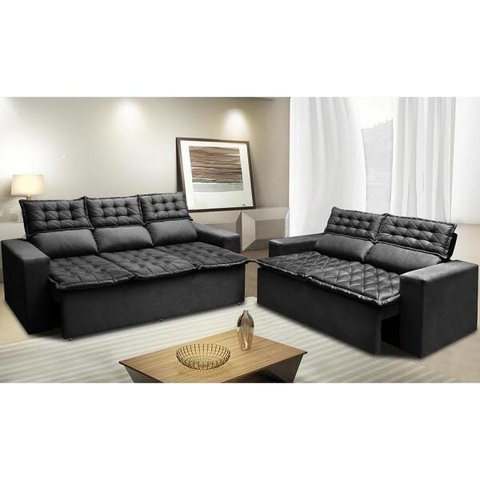 Conjunto de Sofá 3 e 2 Lugares Retrátil e Reclinável Cama Inbox Slim 2,00x1,50M Velusoft Preto