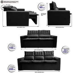 Conjunto de Sofá 3 e 2 Lugares Retrátil e Reclinável Cama Inbox Slim 2,00x1,50M Velusoft Preto - 6