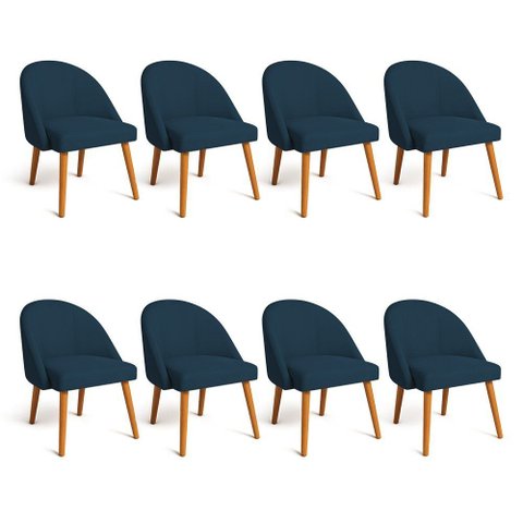 Kit 08 Cadeiras Poltrona de Jantar Luna Suede Azul Marinho Pés Palito Castanho