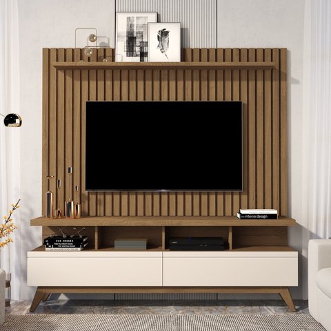 Rack com Painel Ripado para TV até 60 Polegadas MDF 166CMX135CM Pés em Madeira Maciça Real Vivare Wood 1.6