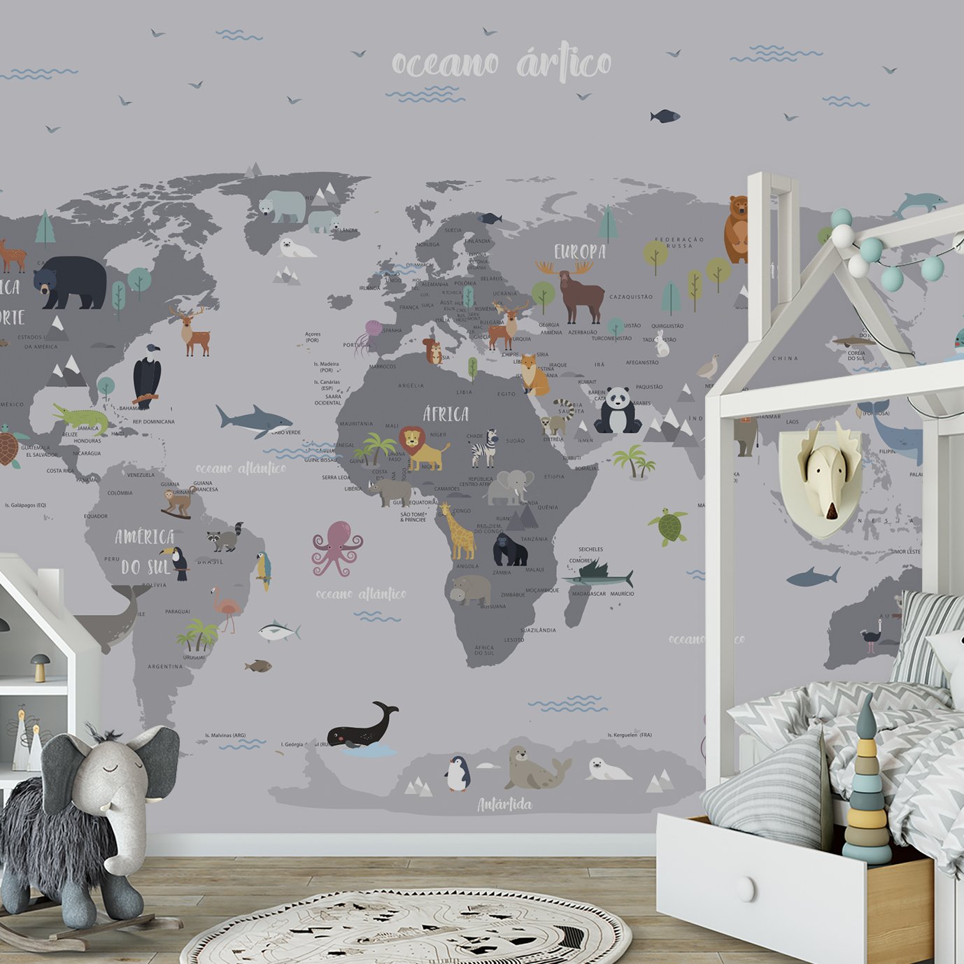 Papel de parede mapa mundi infantil safári para quarto de bebê M² PP100 - 5