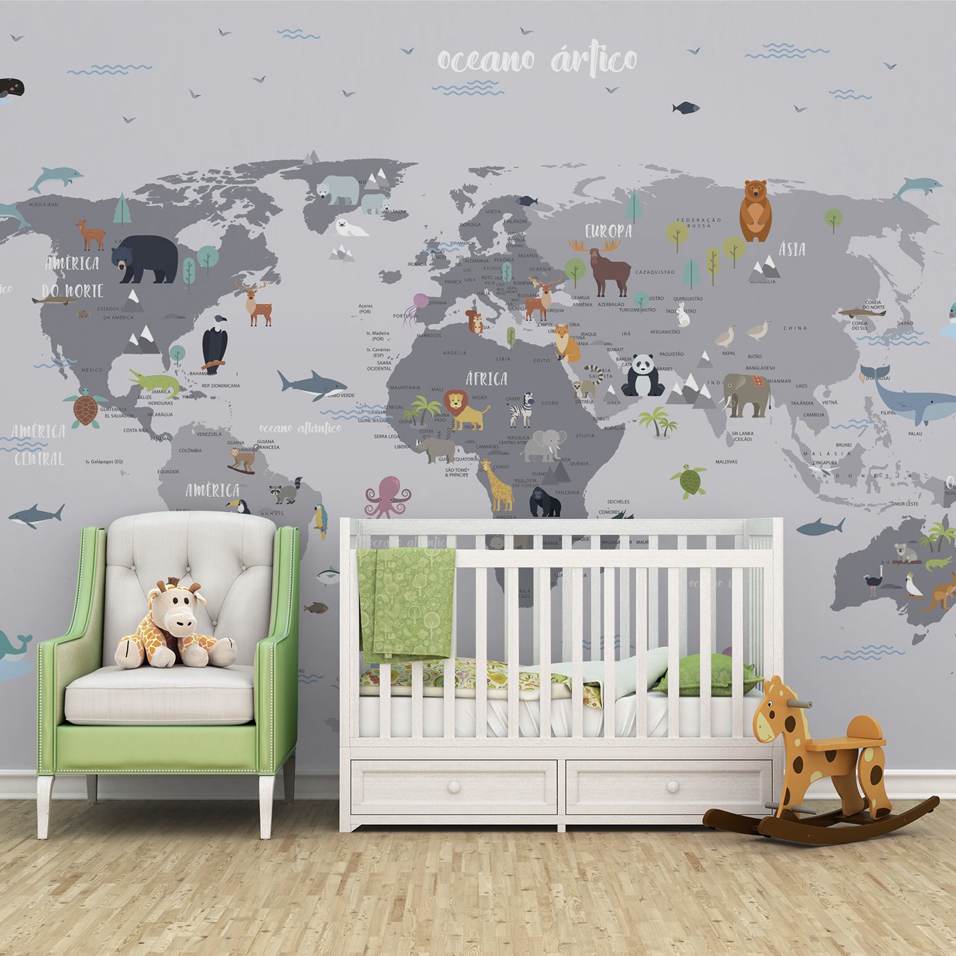 Papel de parede mapa mundi infantil safári para quarto de bebê M² PP100 - 4