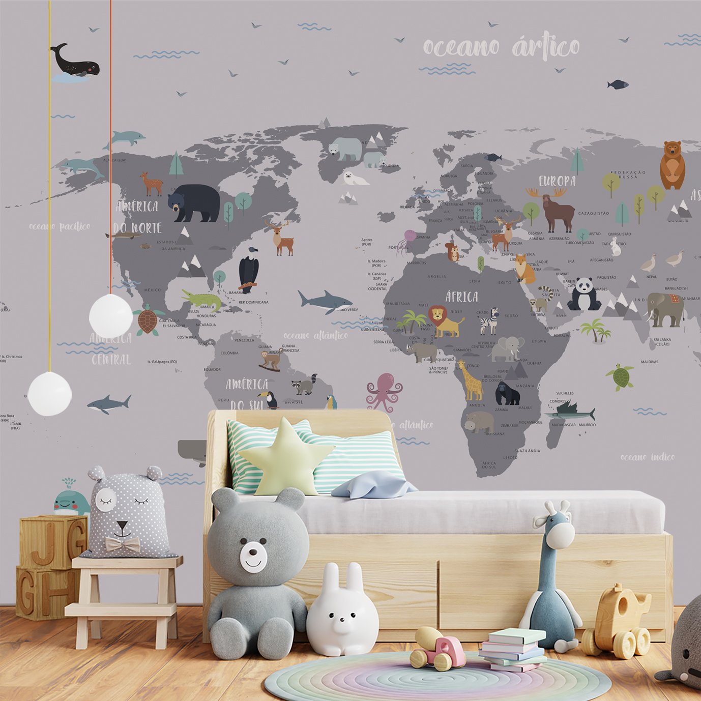 Papel de parede mapa mundi infantil safári para quarto de bebê M² PP100 - 3