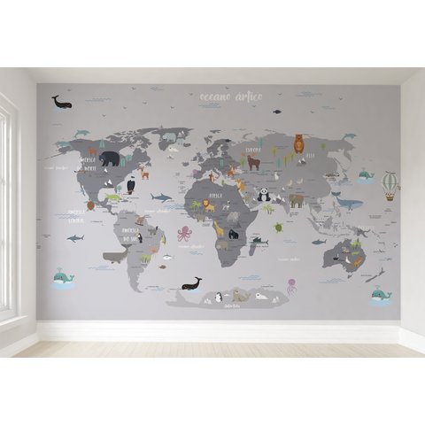 Papel de parede mapa mundi infantil safári para quarto de bebê M² PP100