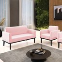 Ver imagem 2 de Conjunto Poltrona e Namoradeira Decorativa Isabella Pés Fixo em Madeira Preto Suede Rosa Bebê G19 -