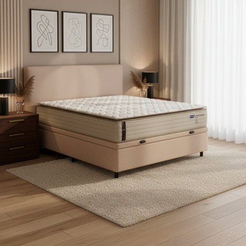 Cama Box Baú Casal Probel Molas Ensacadas Pillow Top 138x188x71cm Guarda Costas Genova Branco/Bege