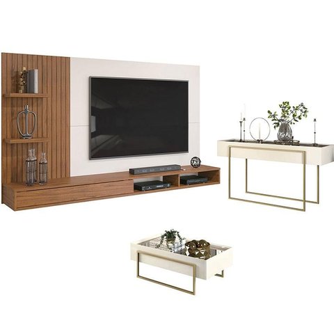 Painel para Tv Bento Freijó Off White com Aparador Pilar e Mesa de Centro Pilar Off White – Dj Móvei