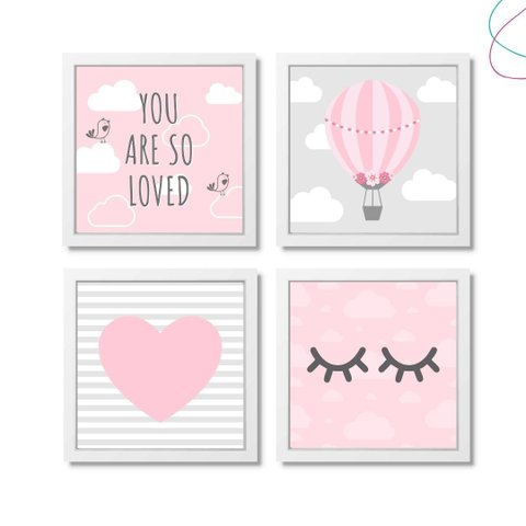 Kit com 4 Quadros Decorativos Infantil Balão Nuvens Menina:branca