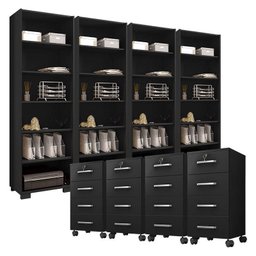 Kit 4 Gaveteiros para Escritório Gávea com Chave e 4 Livreiros Office Preto Fosco – Móveis Leão - 1