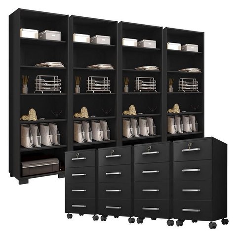 Kit 4 Gaveteiros para Escritório Gávea com Chave e 4 Livreiros Office Preto Fosco – Móveis Leão