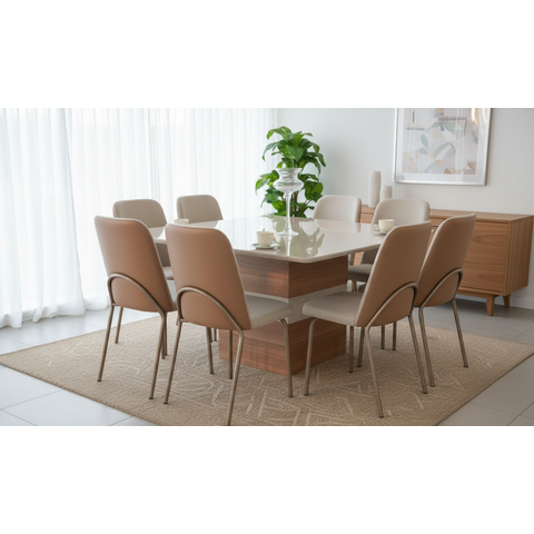 Kit 8 Cadeiras de Jantar Linho Areia com Courino Caramelo