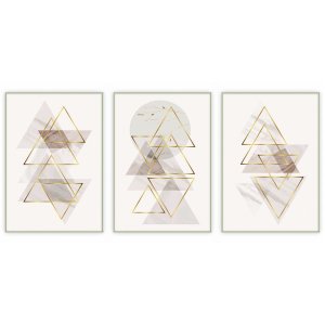 kit com 3 Quadros Decorativos Abstratos com Moldura e Vidro para Sala Quarto Escritório e Clínica