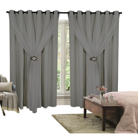 Cortina Corta Luz 4,00M x 2,70M 100% Blackout com Voil Cinza para Sala ou Quarto para Varão Simples