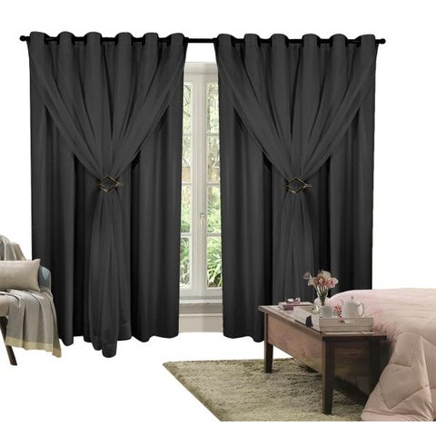Cortina Corta Luz 2,50M x 2,20M 100% Blackout com Voil Preto para Sala ou Quarto para Varão Simples